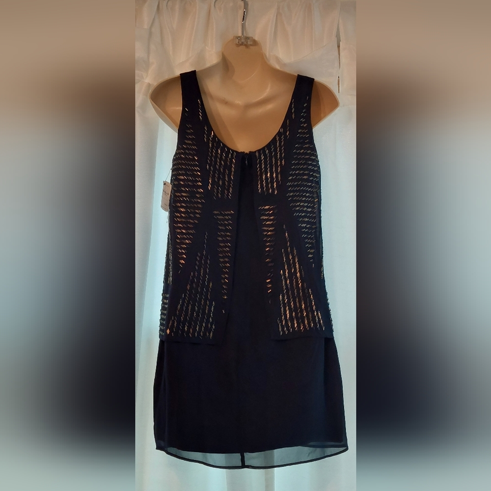 Navy  Chiffon and silk beaded dress. - Picture 2 of 2